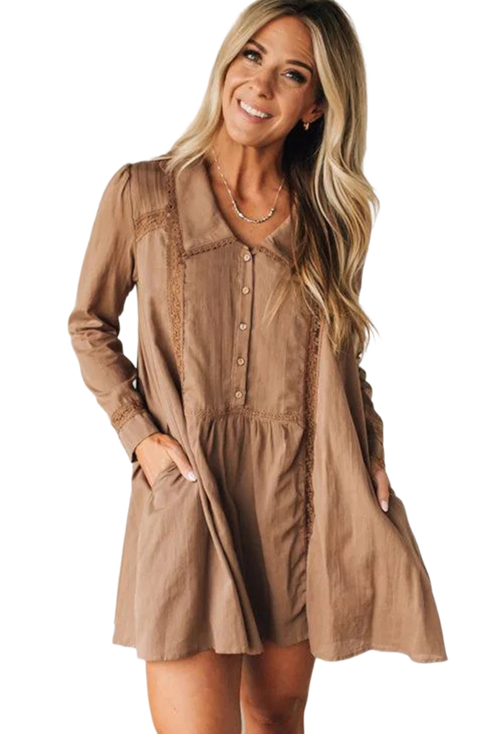 Straw Yellow Lace Trim Peter Pan Collar Long Sleeve Mini Shirt Dress