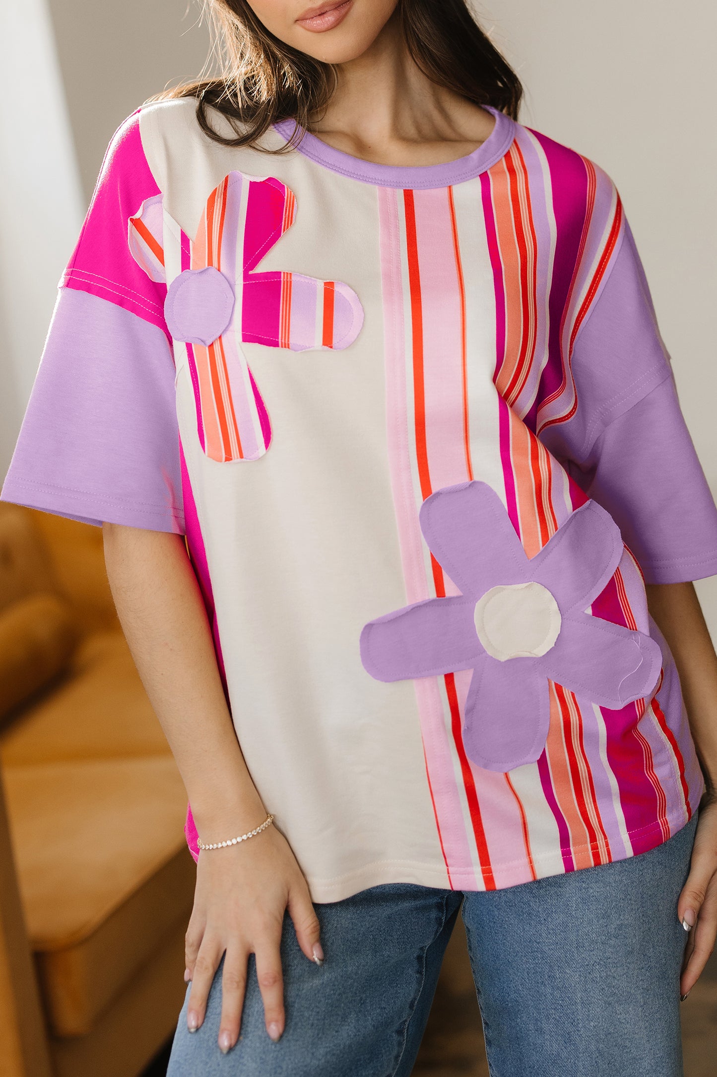 Pink Striped Color Block Flower Patched Half Sleeve Loose Top-Tops/Tops & Tees-[Adult]-[Female]-2022 Online Blue Zone Planet