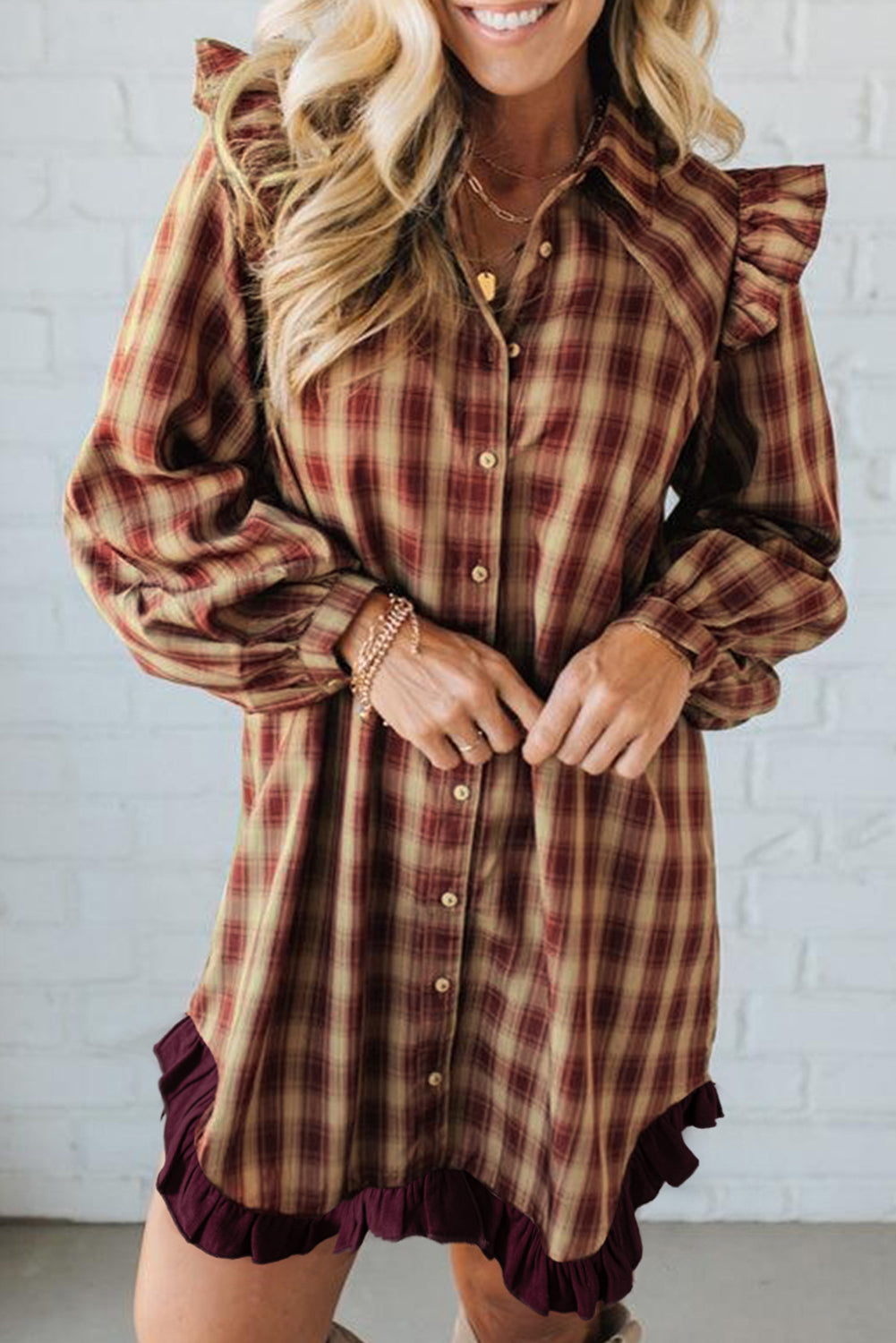 Red Plaid Print Ruffled Long Sleeve Patchwork Hem Mini Shirt Dress-TOPS / DRESSES-[Adult]-[Female]-Red-S-2022 Online Blue Zone Planet