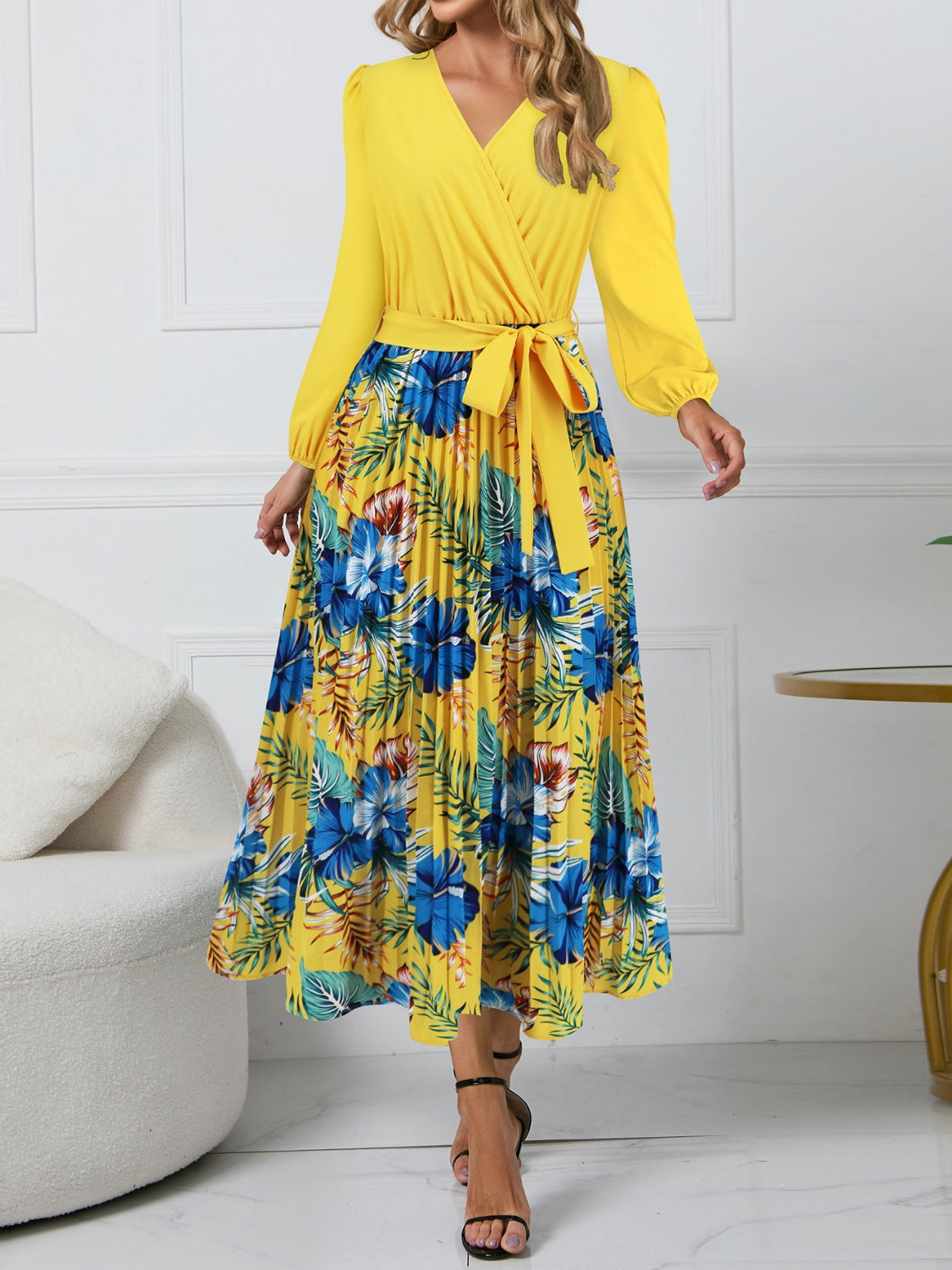 Pleated Printed Surplice Long Sleeve Dress-TOPS / DRESSES-[Adult]-[Female]-2022 Online Blue Zone Planet