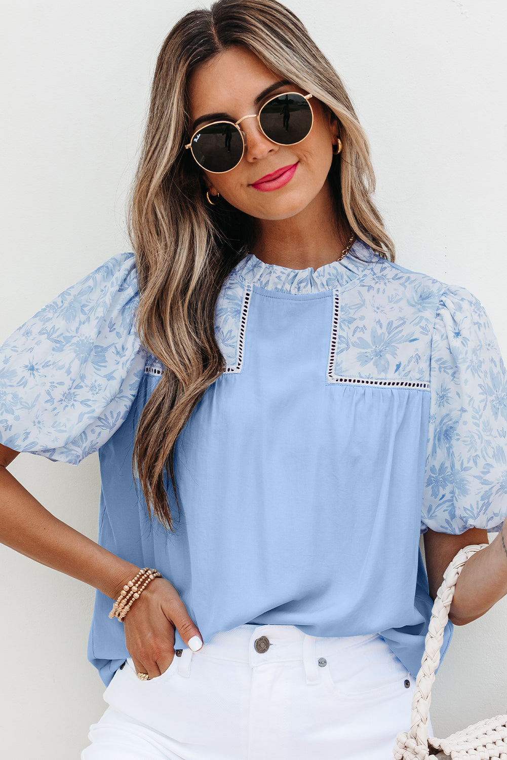 Beau Blue Lace Insert Floral Puff Sleeve Patchwork Loose Blouse-Tops/Blouses & Shirts-[Adult]-[Female]-2022 Online Blue Zone Planet