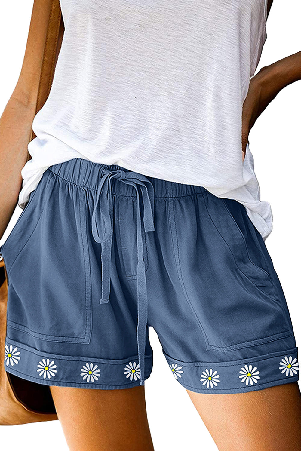 Blue Daisy Print Drawstring Waist Shorts With Pockets-Bottoms/Casual Shorts-[Adult]-[Female]-2022 Online Blue Zone Planet
