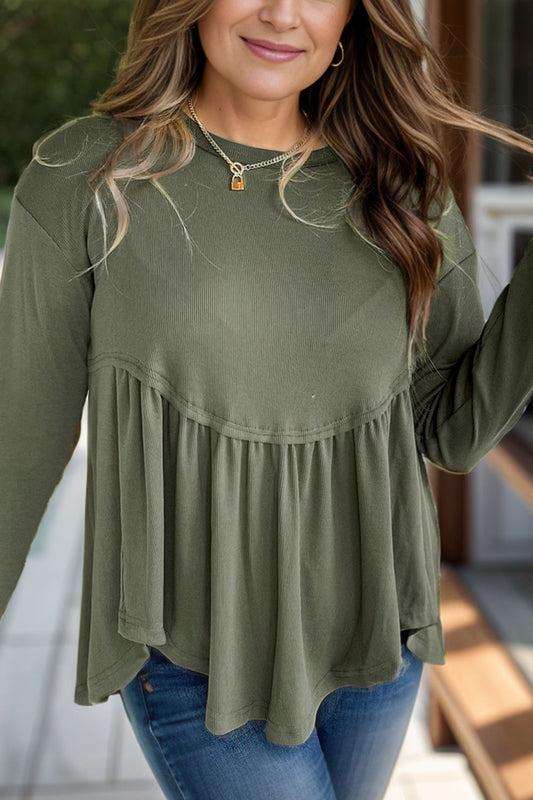 Plus Size Peplum Round Neck Long Sleeve Blouse-TOPS / DRESSES-[Adult]-[Female]-Moss-1XL-2022 Online Blue Zone Planet