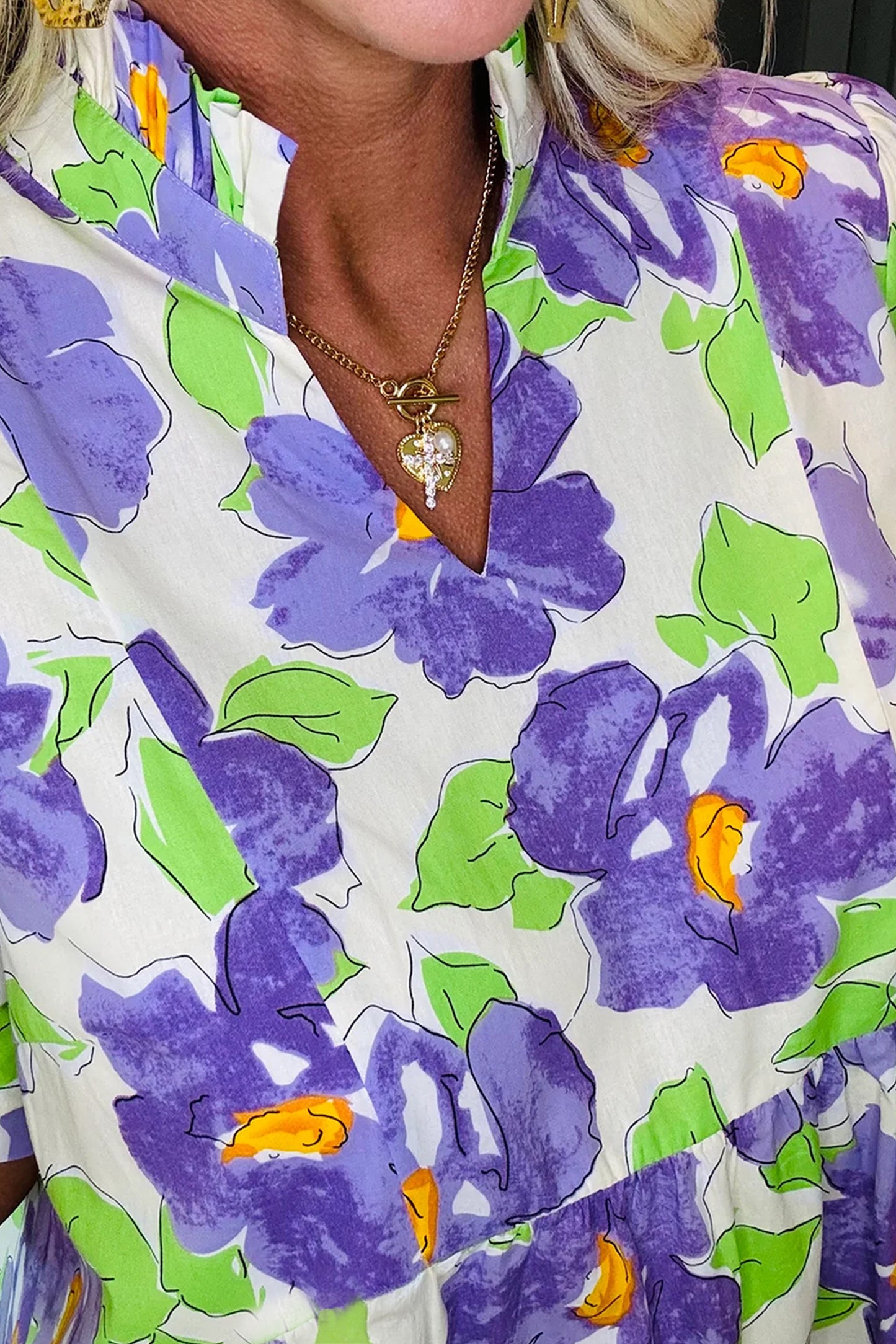 Purple Floral V Collar Short Sleeve Tiered Ruffle Mini Dress-Dresses/Mini Dresses-[Adult]-[Female]-2022 Online Blue Zone Planet