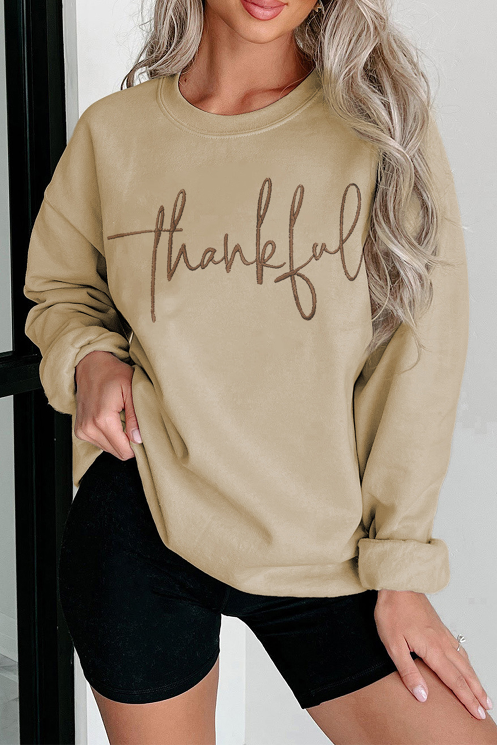 Parchment thankful Embroidered Drop Shoulder Pullover Sweatshirt-Graphic/Graphic Sweatshirts-[Adult]-[Female]-2022 Online Blue Zone Planet