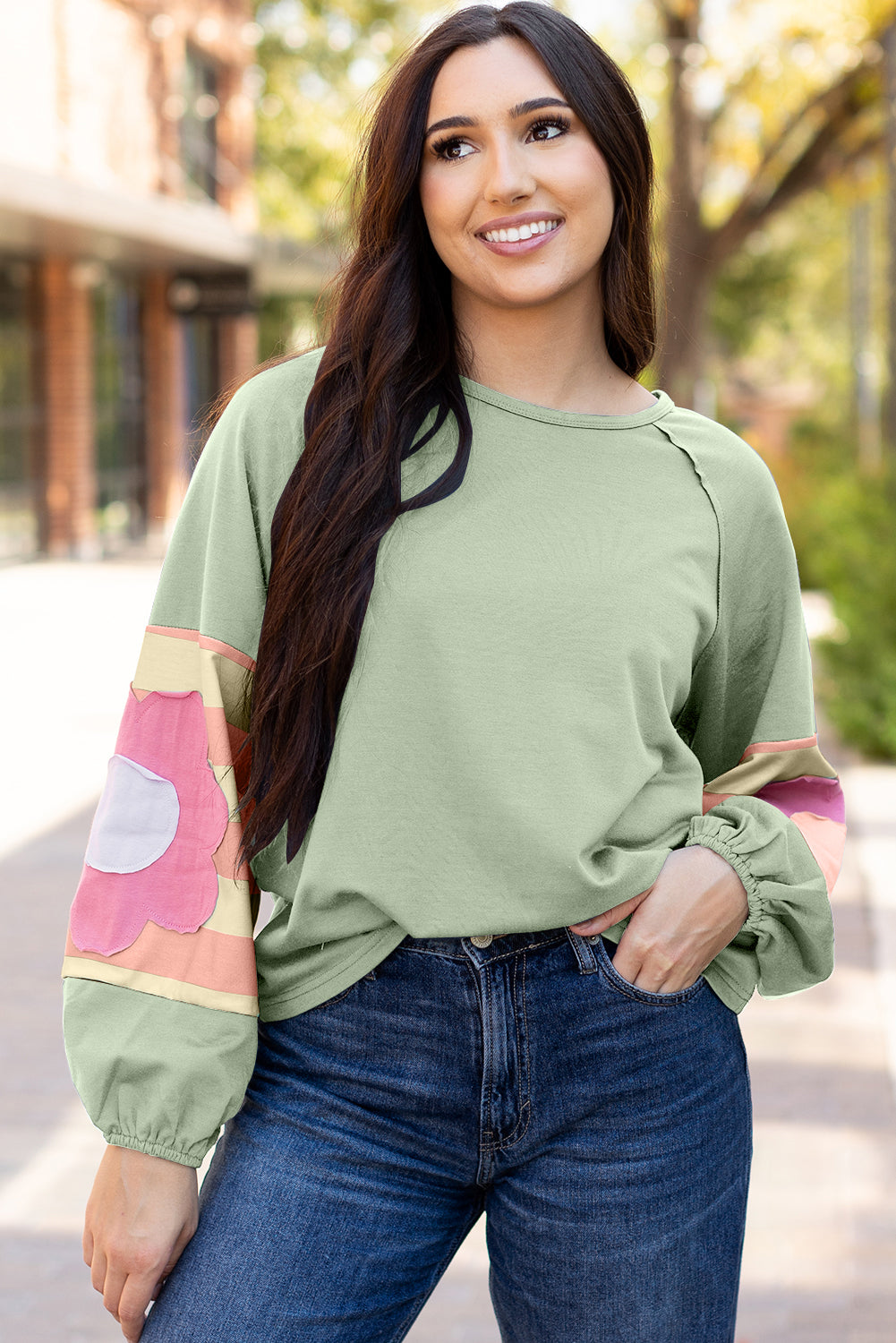 Sail Blue Flower Patchwork Raglan Sleeve Exposed Seam Oversized Top-Tops/Long Sleeve Tops-[Adult]-[Female]-2022 Online Blue Zone Planet