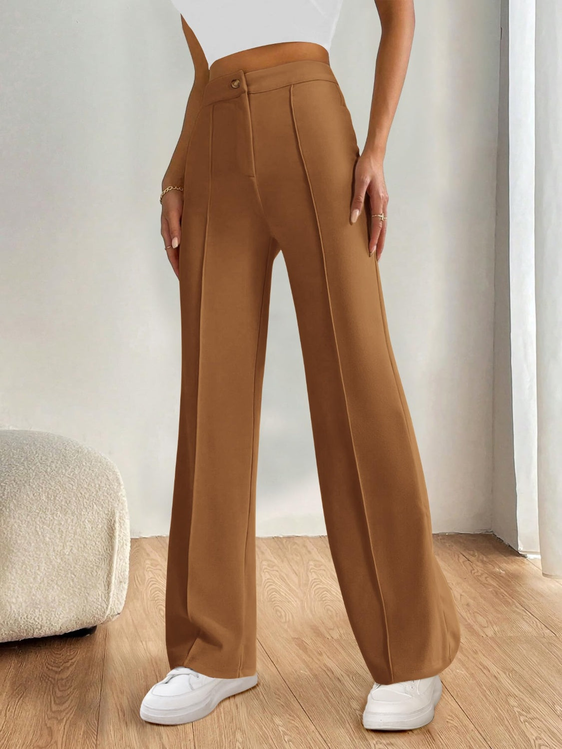 High Waist Wide Leg Pants-BOTTOMS SIZES SMALL MEDIUM LARGE-[Adult]-[Female]-Caramel-S-2022 Online Blue Zone Planet