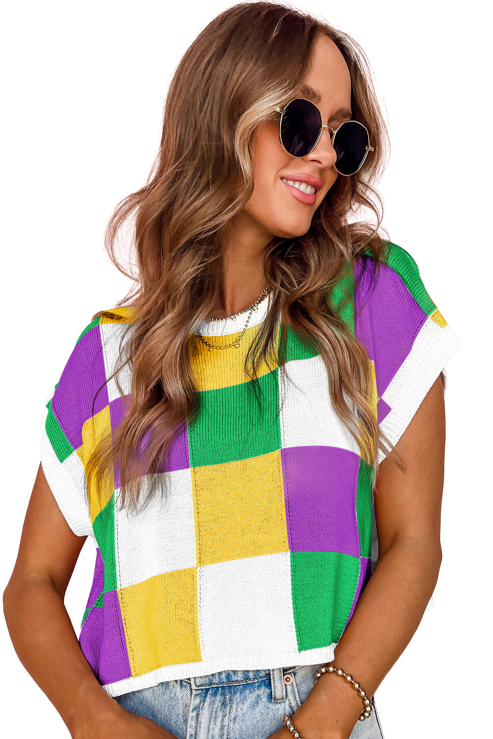 Tillandsia Purple Checkered Color Block Cap Sleeve Mardi Gras Knitted Top-Knit Tops-[Adult]-[Female]-2022 Online Blue Zone Planet