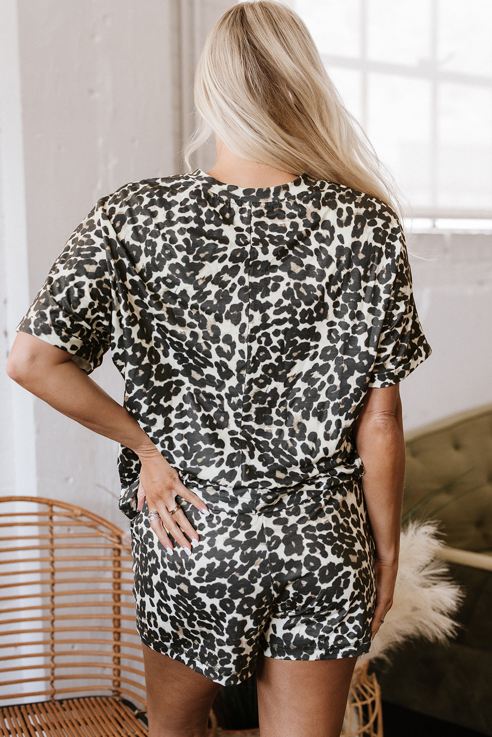 Black Cheetah Printed Casual Tee And Shorts Lounge Set-Loungewear & Sleepwear/Loungewear-[Adult]-[Female]-2022 Online Blue Zone Planet