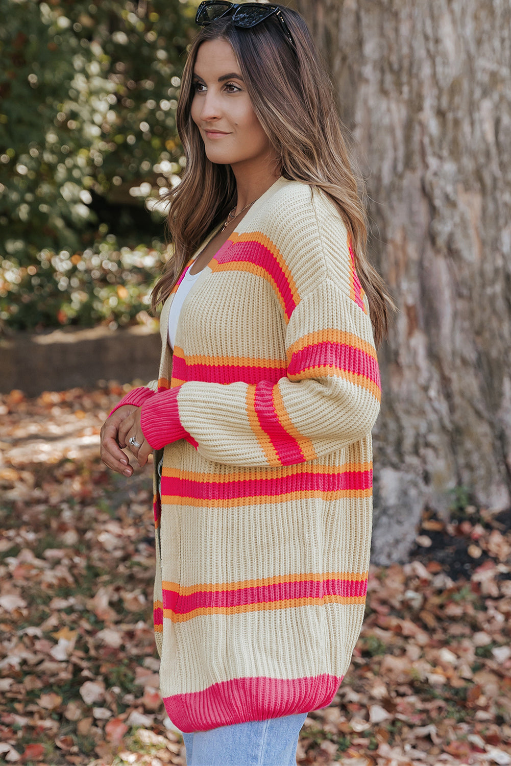 Stripe Printed Ribbed Long Knitted Cardigan-Sale (50% OFF)/30% OFF-[Adult]-[Female]-2022 Online Blue Zone Planet