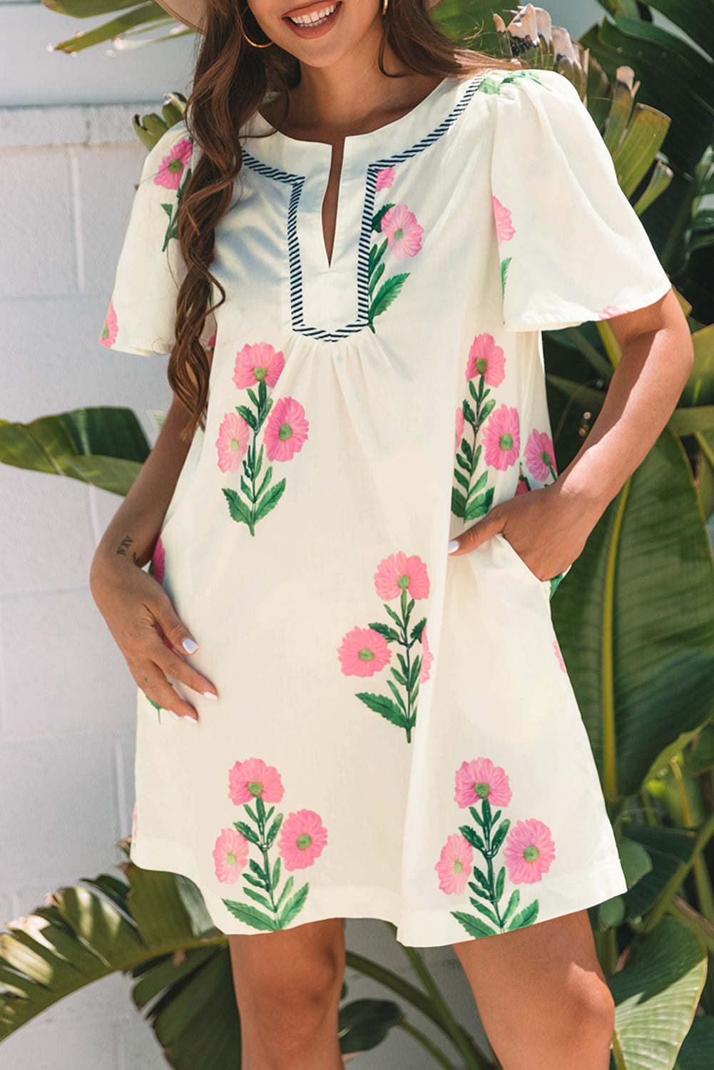 Apricot Floral Short Sleeve Split Neck Loose Mini Dress-TOPS / DRESSES-[Adult]-[Female]-2022 Online Blue Zone Planet