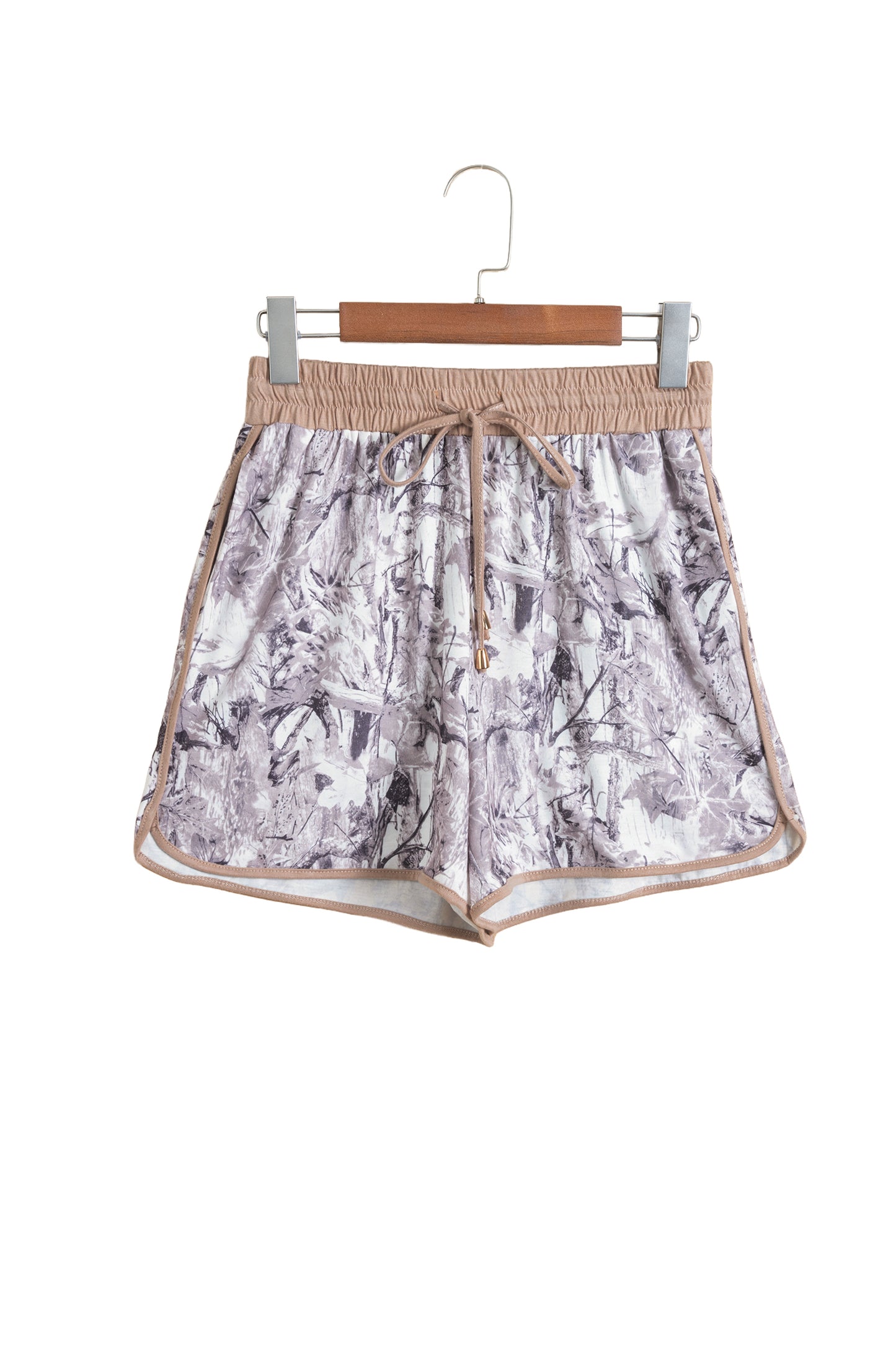 Khaki Camo Woodland Print Drawstring Active Shorts-Bottoms/Casual Shorts-[Adult]-[Female]-2022 Online Blue Zone Planet