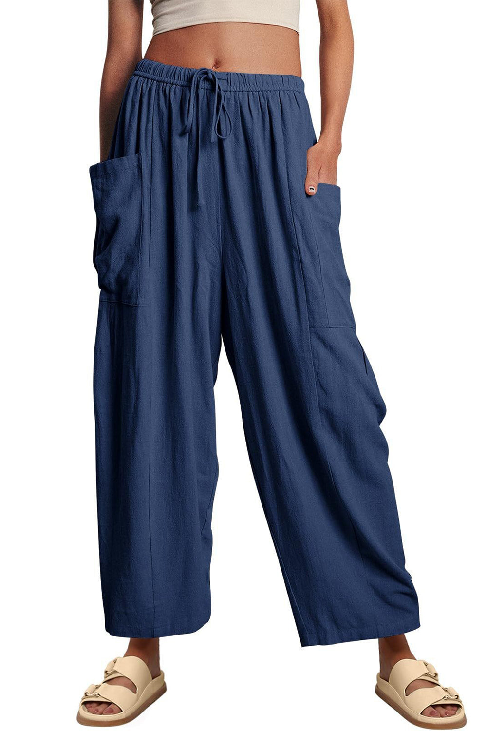 Full Size Pocketed Drawstring Wide Leg Pants-BOTTOMS SIZES SMALL MEDIUM LARGE-[Adult]-[Female]-Dark Blue-S-2022 Online Blue Zone Planet