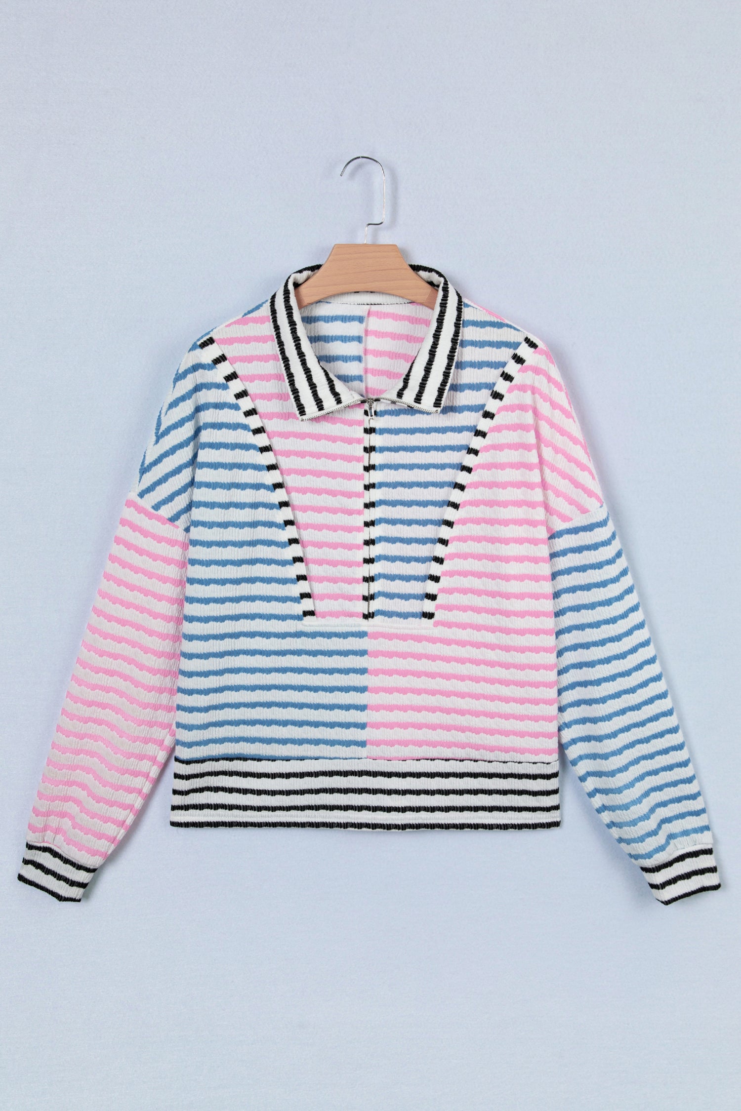 Multicolour Striped Color Block Patchwork Half Zip Drop Shoulder Long Sleeve Top-Tops/Long Sleeve Tops-[Adult]-[Female]-2022 Online Blue Zone Planet