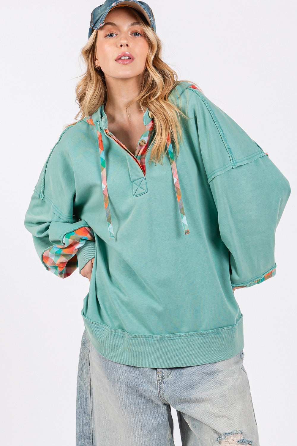 Blue Zone Planet | SAGE + FIG Full Size Plaid Print Washed Hoodie-Tops / Dresses-[Adult]-[Female]-2022 Online Blue Zone Planet