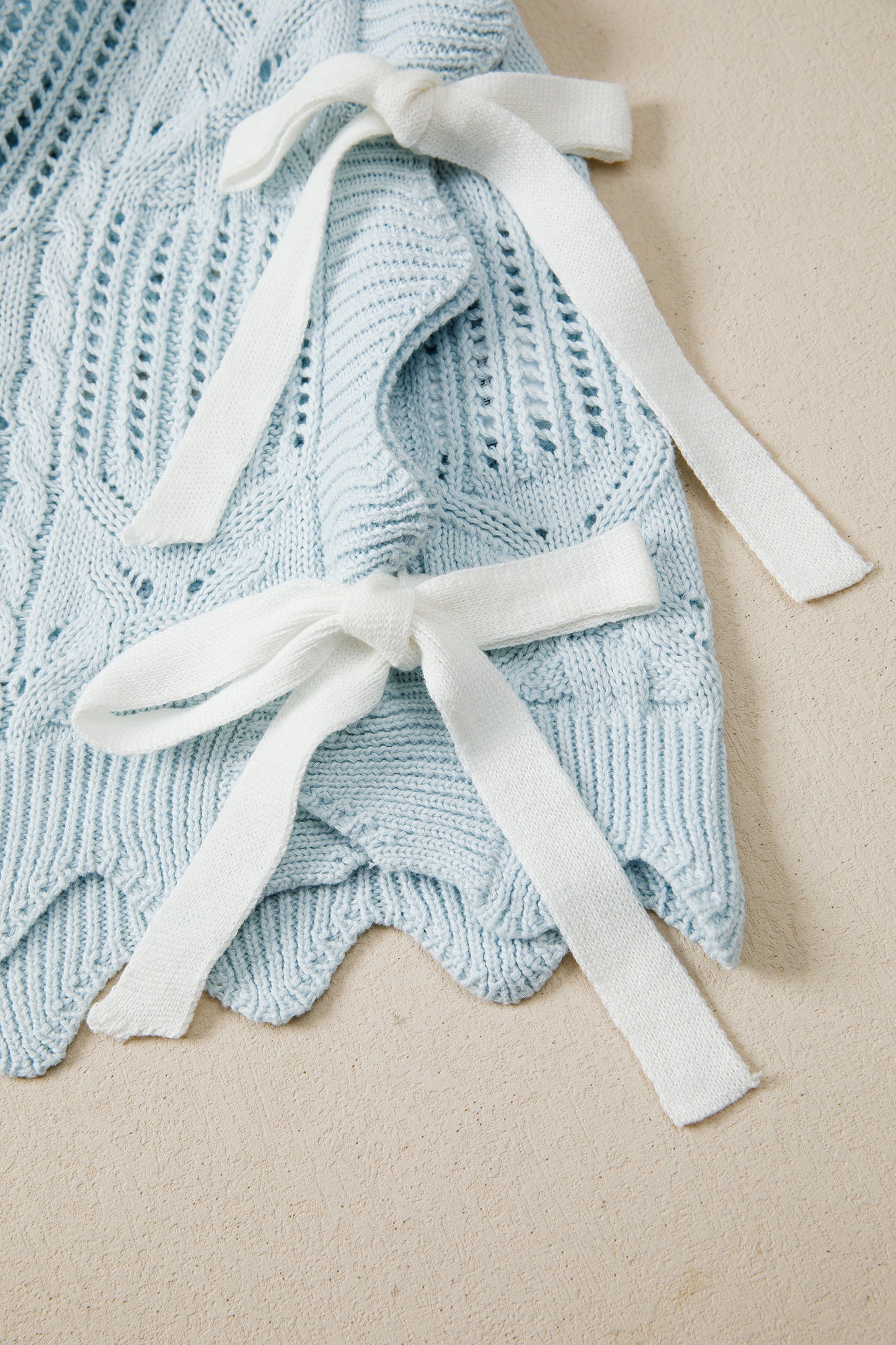 Beau Blue Pointelle Knit Patterned Scalloped Trim Short Sleeve Sweater-TOPS / DRESSES-[Adult]-[Female]-2022 Online Blue Zone Planet