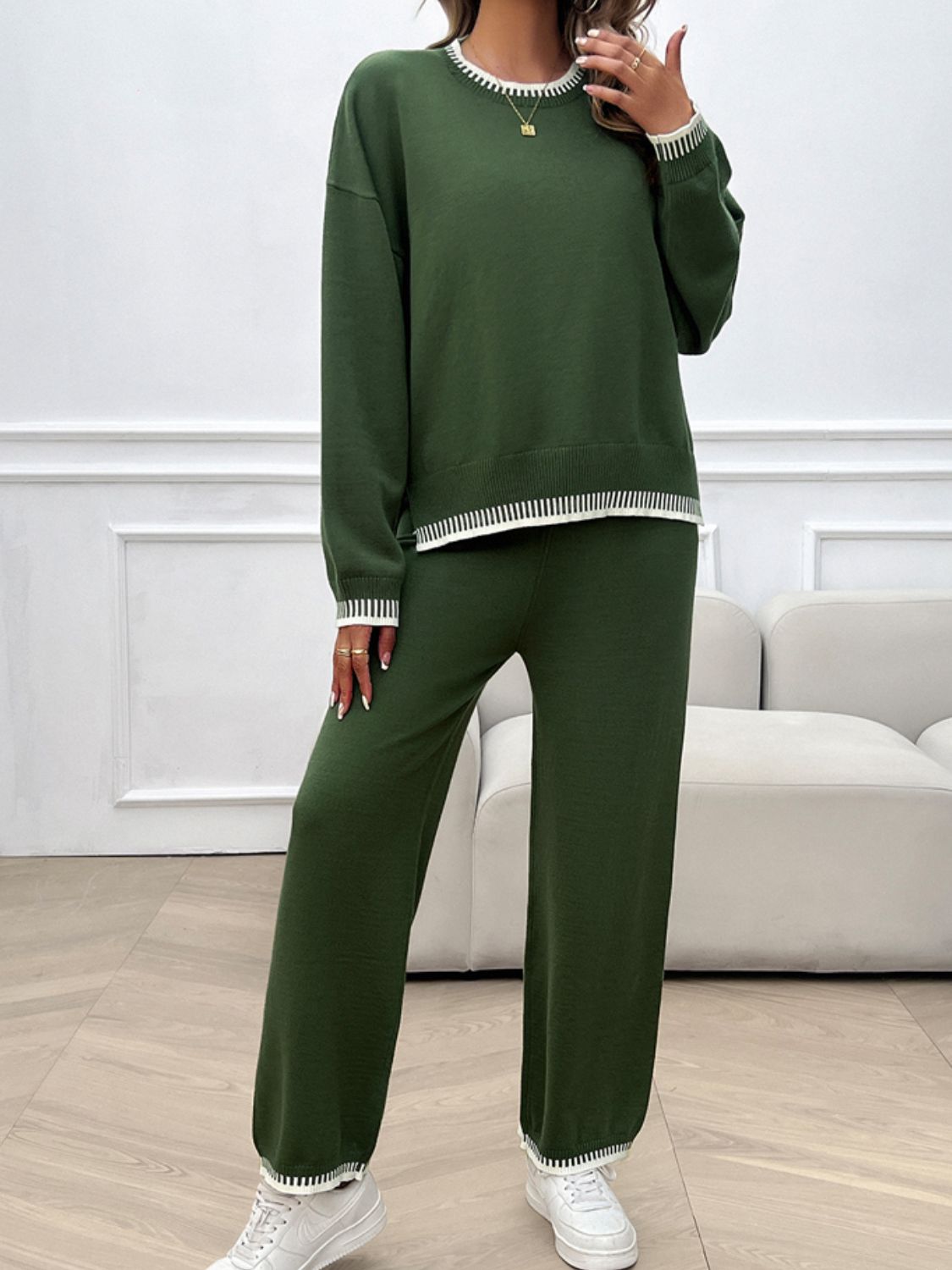 Blue Zone Planet | Round Neck Dropped Shoulder Top and Pants Sweater Set-TOPS / DRESSES-[Adult]-[Female]-Army Green-S-2022 Online Blue Zone Planet