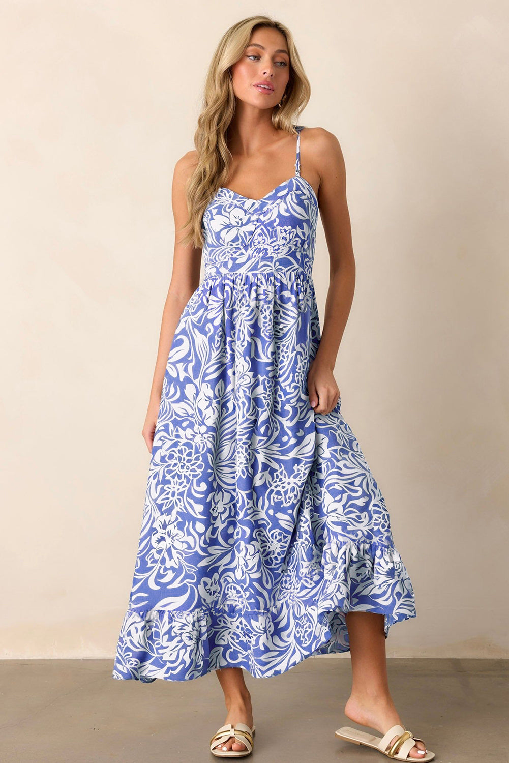 Sky Blue Floral Print Spaghetti Strap High Waist Maxi Dress-Dresses/Floral Dresses-[Adult]-[Female]-2022 Online Blue Zone Planet