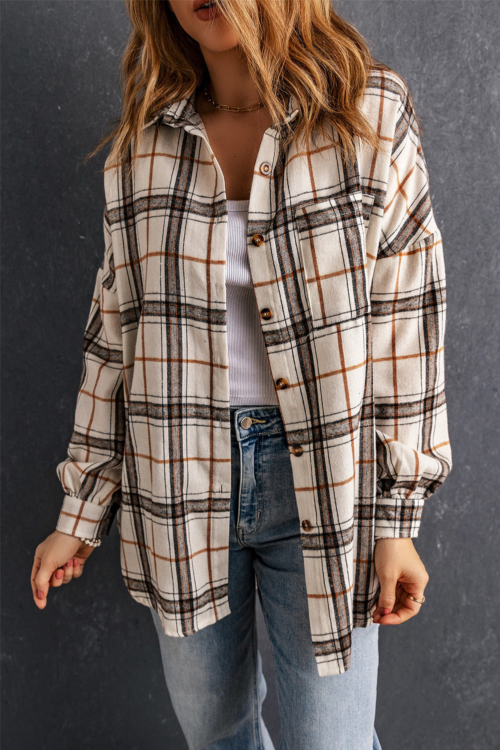 White Oversized Plaid Pattern Shacket with Slits-Outerwear/Plaid Shackets-[Adult]-[Female]-2022 Online Blue Zone Planet