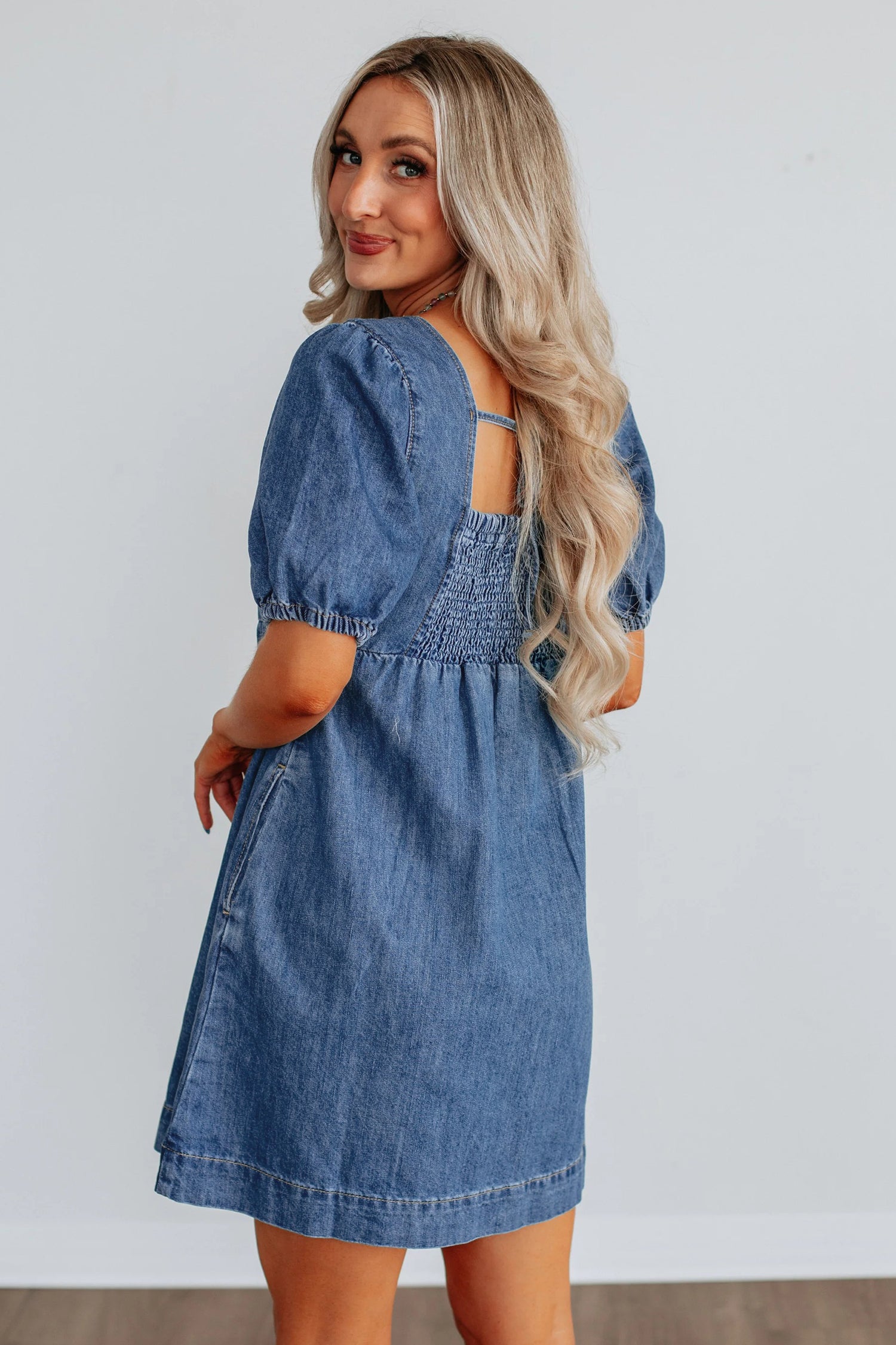 Prussian Blue Button Square Neck Short Puff Sleeve Denim Mini Dress-Dresses/Mini Dresses-[Adult]-[Female]-2022 Online Blue Zone Planet