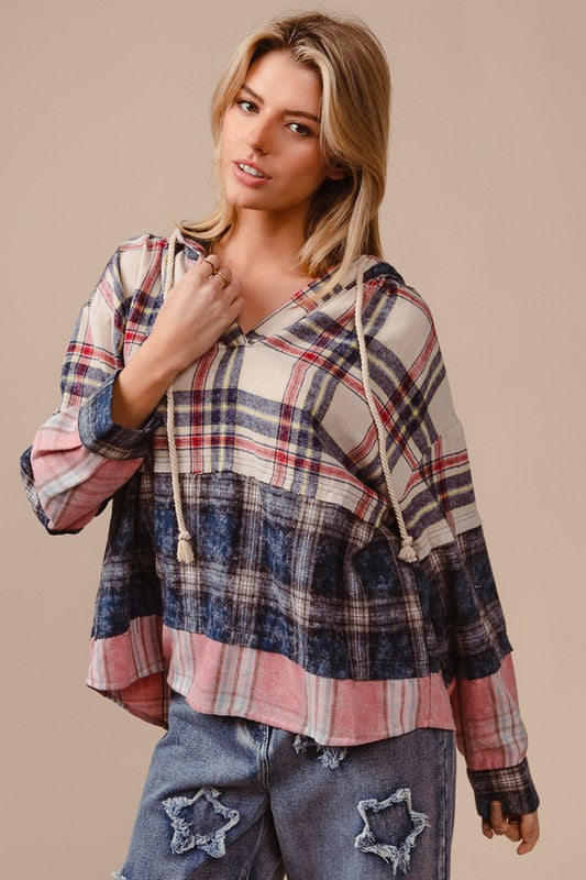 BiBi Drawstring Plaid Drop Shoulder Hoodie-TOPS / DRESSES-[Adult]-[Female]-2022 Online Blue Zone Planet