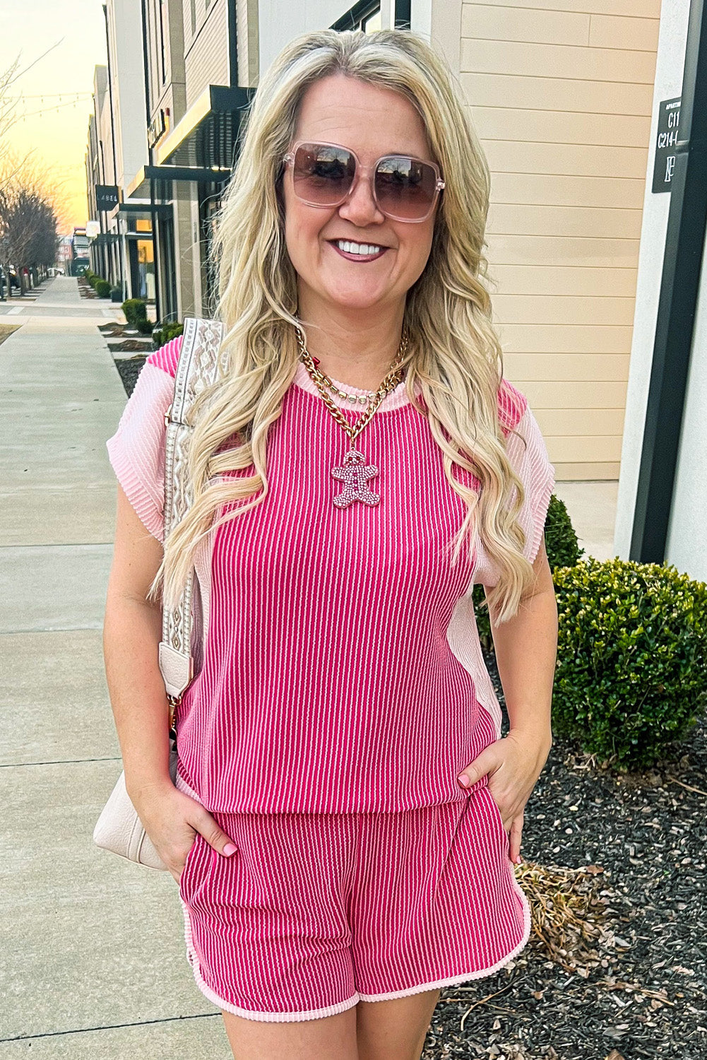 Rose Red 3D Spiral Ribbed Texture 2 Tones Patchwork Short Set-Two Piece Sets/Short Sets-[Adult]-[Female]-2022 Online Blue Zone Planet