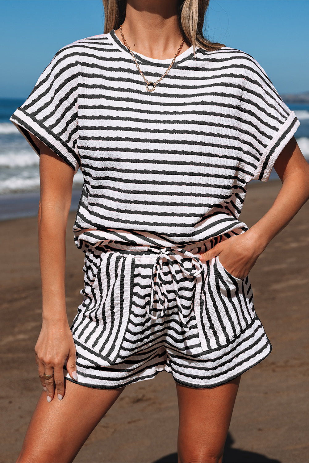 Black Stripe Knitted Short Sleeve Top and Drawstring Shorts Set-Two Piece Sets/Short Sets-[Adult]-[Female]-2022 Online Blue Zone Planet