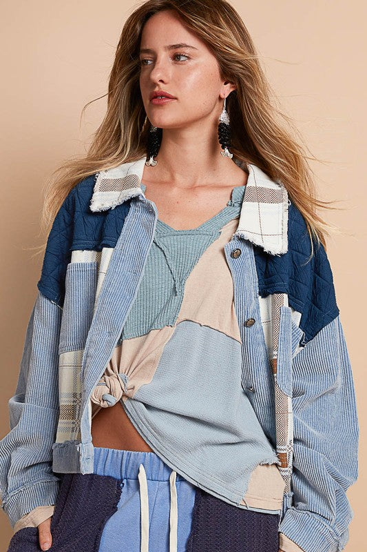 POL Corduroy Jacquard Patchwork Button Up Jacket-TOPS / DRESSES-[Adult]-[Female]-Light Blue-S-2022 Online Blue Zone Planet