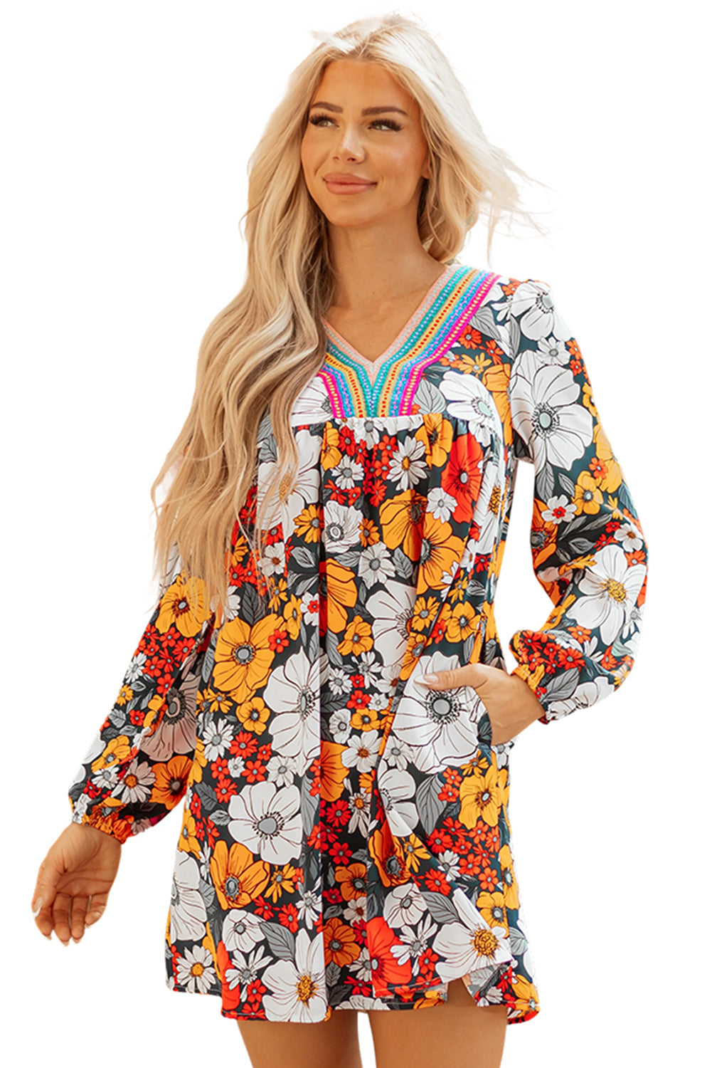 Orange Floral Print Striped Lace V Neck Long Sleeve Mini Dress-TOPS / DRESSES-[Adult]-[Female]-2022 Online Blue Zone Planet