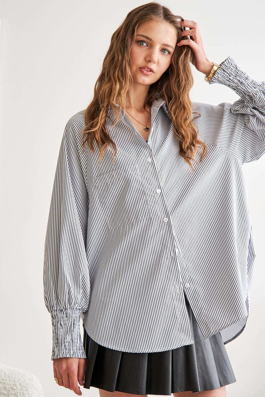 ADORA High-Low Striped Button Down Smocked Lantern Sleeve Shirt-TOPS / DRESSES-[Adult]-[Female]-2022 Online Blue Zone Planet