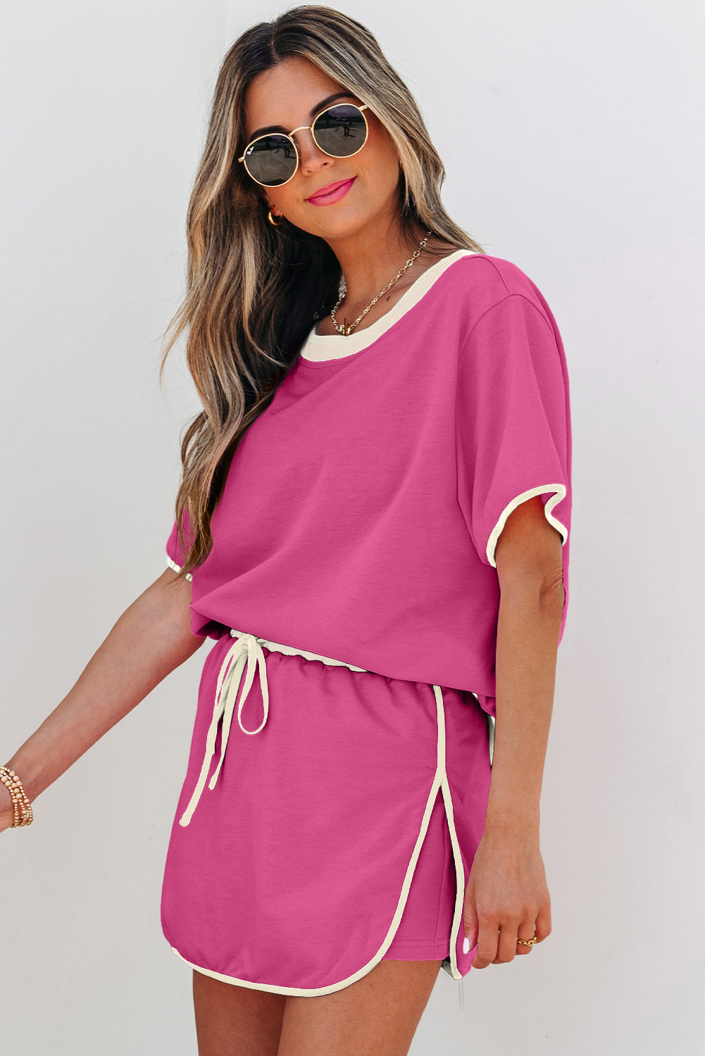 Black Colorblock Edge Drop Shoulder T Shirt and Skort 2Pcs Set-Two Piece Sets/Two Piece Dresses-[Adult]-[Female]-2022 Online Blue Zone Planet