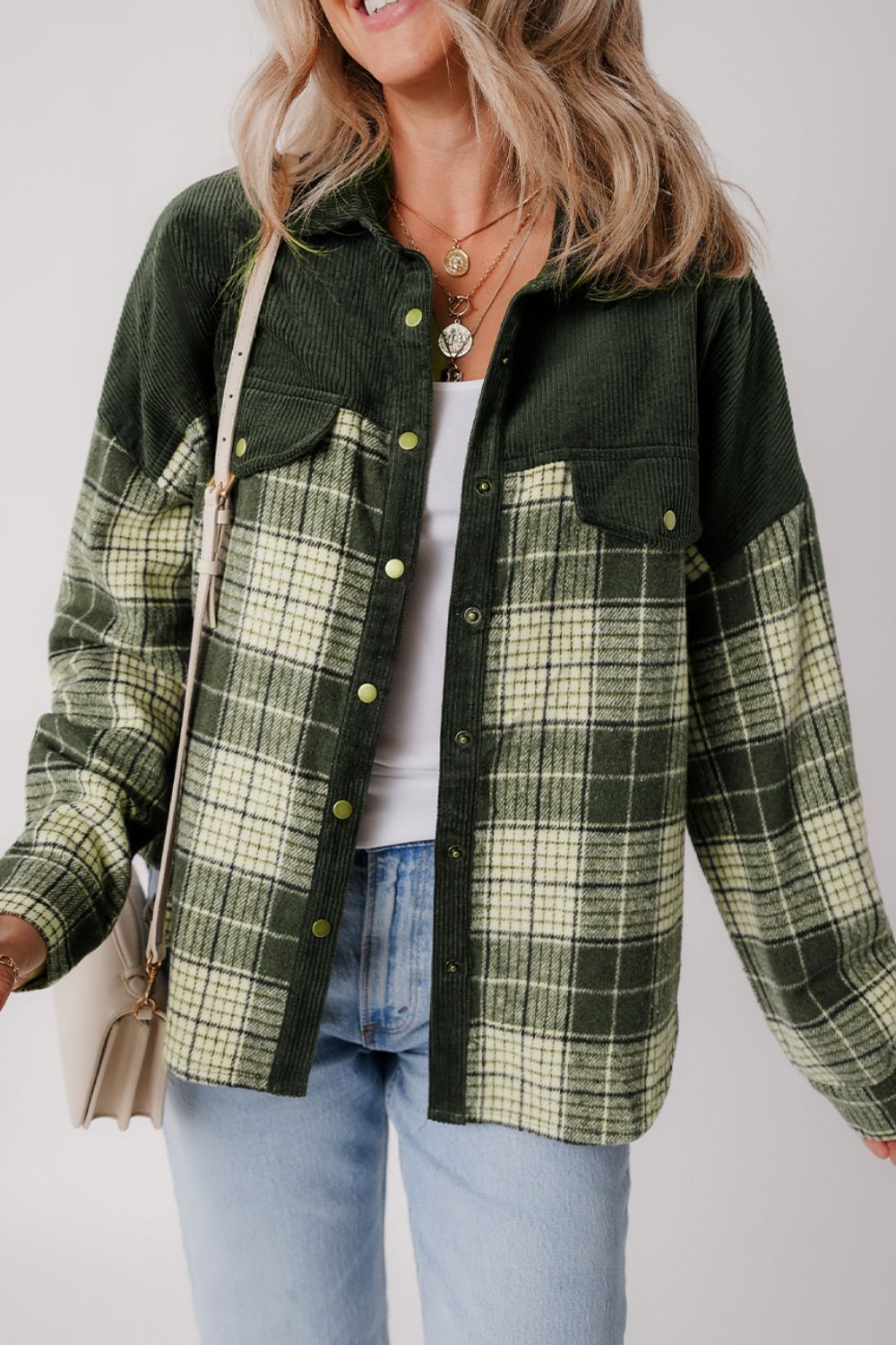 Snap Down Collared Neck Plaid Shacket-TOPS / DRESSES-[Adult]-[Female]-2022 Online Blue Zone Planet