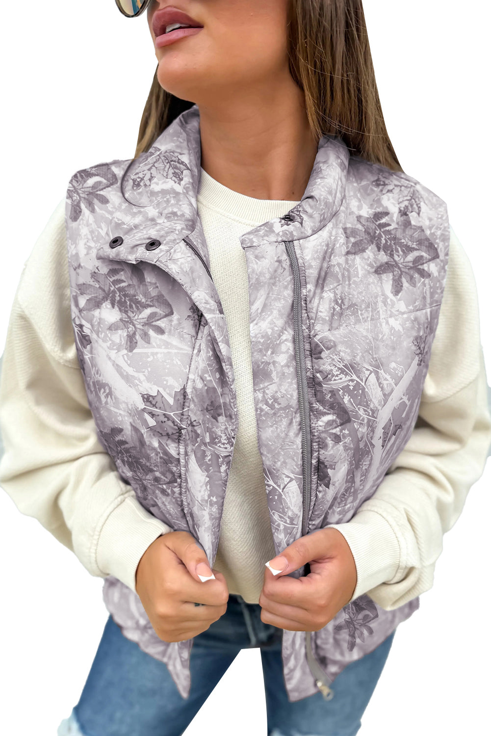 Gray Camo Leaf Print Winter Puffer Vest-TOPS / DRESSES-[Adult]-[Female]-2022 Online Blue Zone Planet