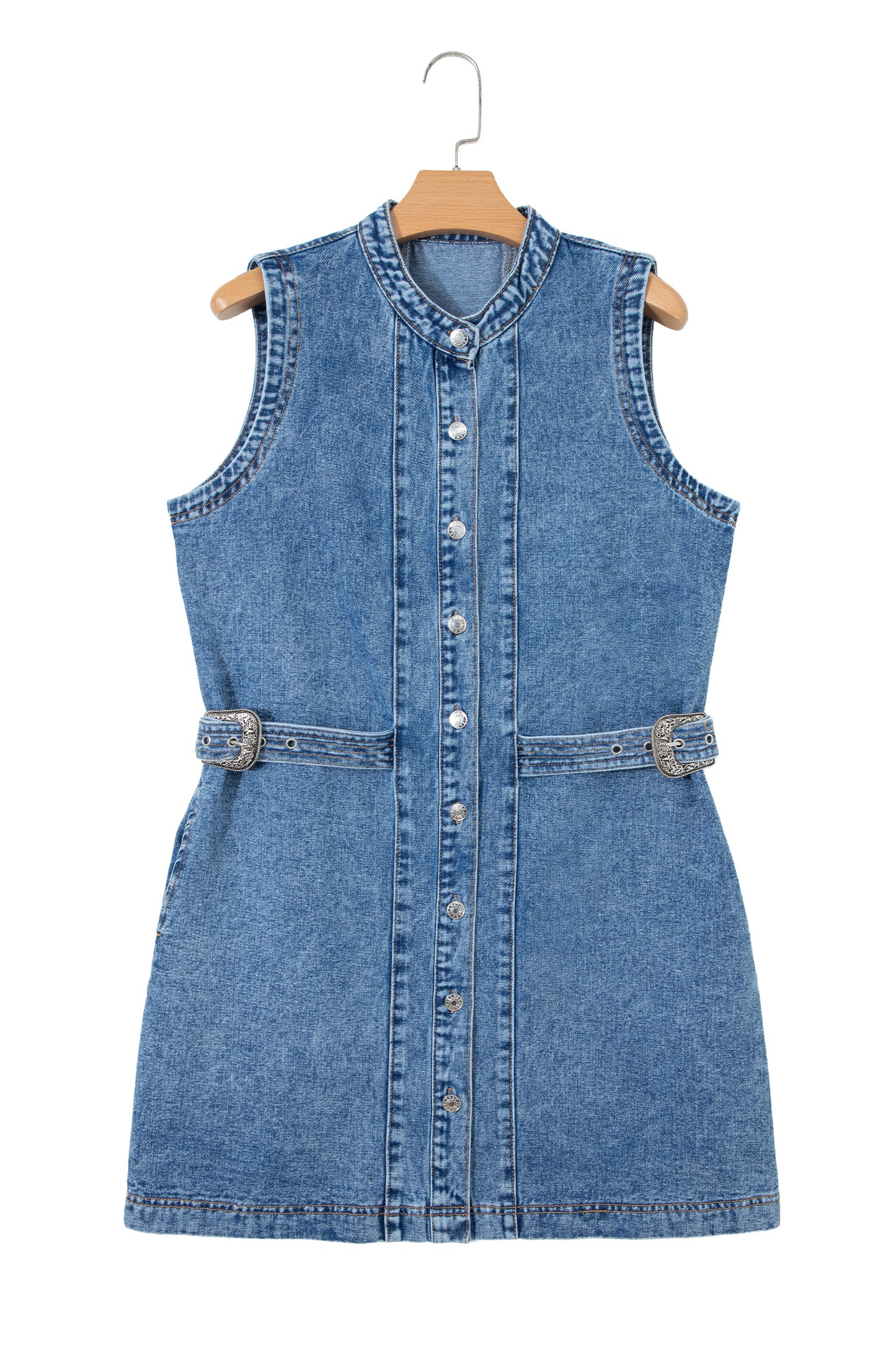 Myosotis Western Belt Button Down Sleeveless Denim Short Dress-TOPS / DRESSES-[Adult]-[Female]-2022 Online Blue Zone Planet