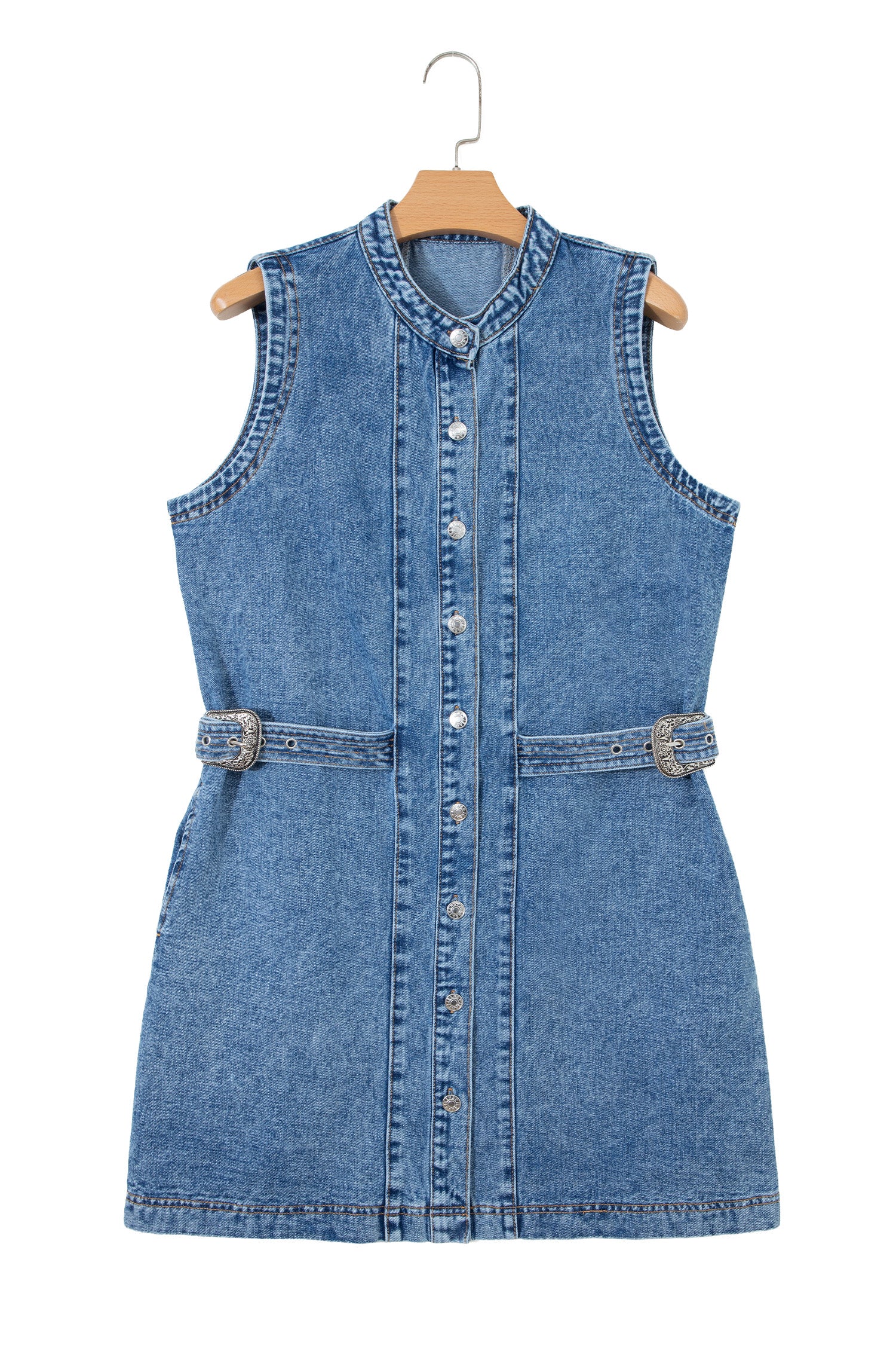 Myosotis Western Belt Button Down Sleeveless Denim Short Dress-TOPS / DRESSES-[Adult]-[Female]-2022 Online Blue Zone Planet
