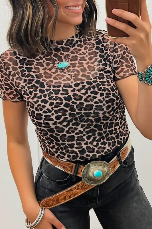 Khaki Leopard Print Sheer Mesh Short Sleeve Top-Tops/Tops & Tees-[Adult]-[Female]-Khaki-S-2022 Online Blue Zone Planet