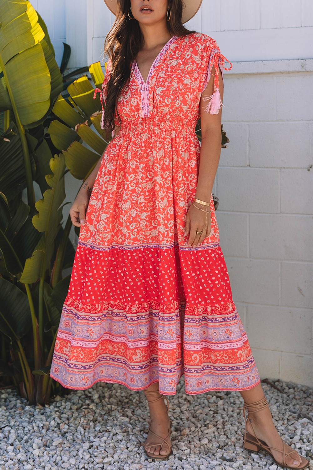 Red Floral Print Tasseled Tied Sleeve Empire Waist Maxi Dress-TOPS / DRESSES-[Adult]-[Female]-2022 Online Blue Zone Planet