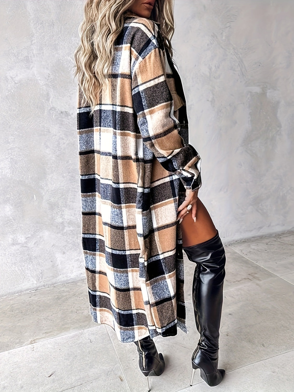 Blue Zone Planet | Plaid Button Up Long Sleeve Longline Outerwear-TOPS / DRESSES-[Adult]-[Female]-2022 Online Blue Zone Planet