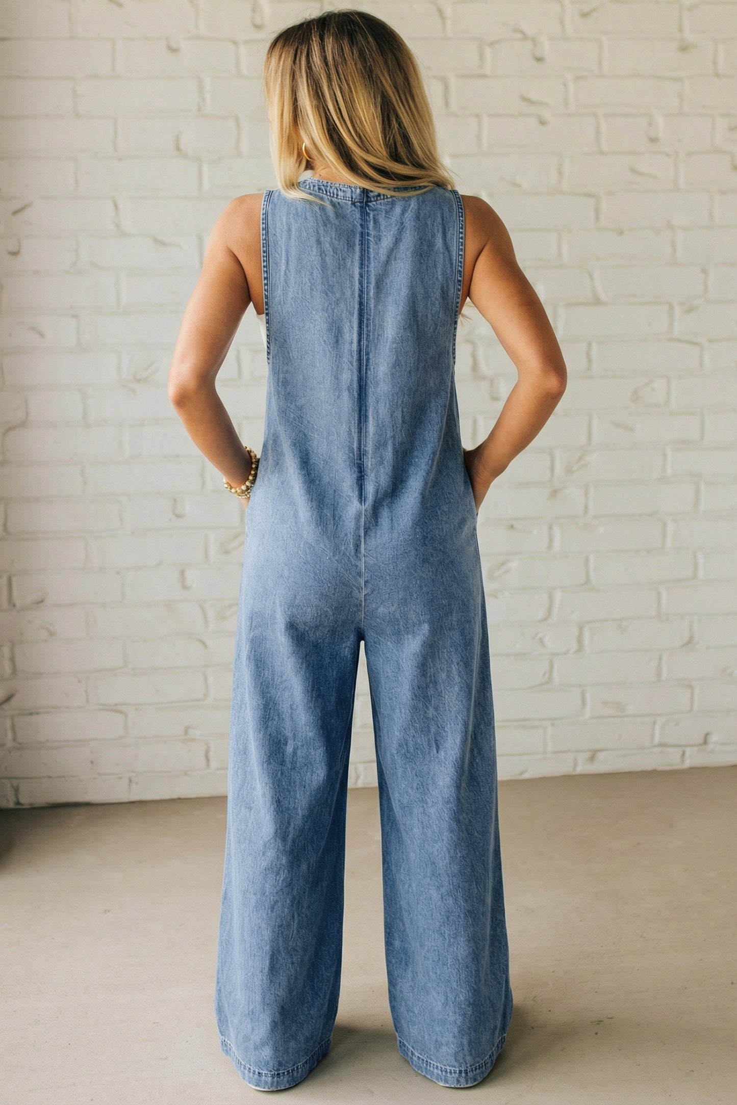Dusk Blue Acid Wash Pintuck Tie V Neck Denim Wide Leg Jumpsuit-Bottoms/Jumpsuits & Rompers-[Adult]-[Female]-2022 Online Blue Zone Planet