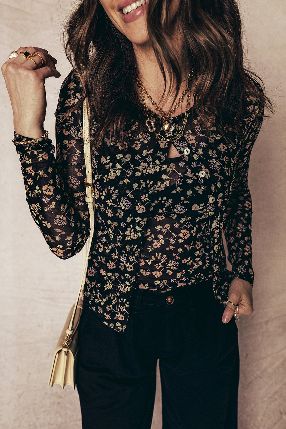 Black Floral Print Mesh Tank Button Front Slim Cardigan 2pcs Set-Tops/Long Sleeve Tops-[Adult]-[Female]-2022 Online Blue Zone Planet