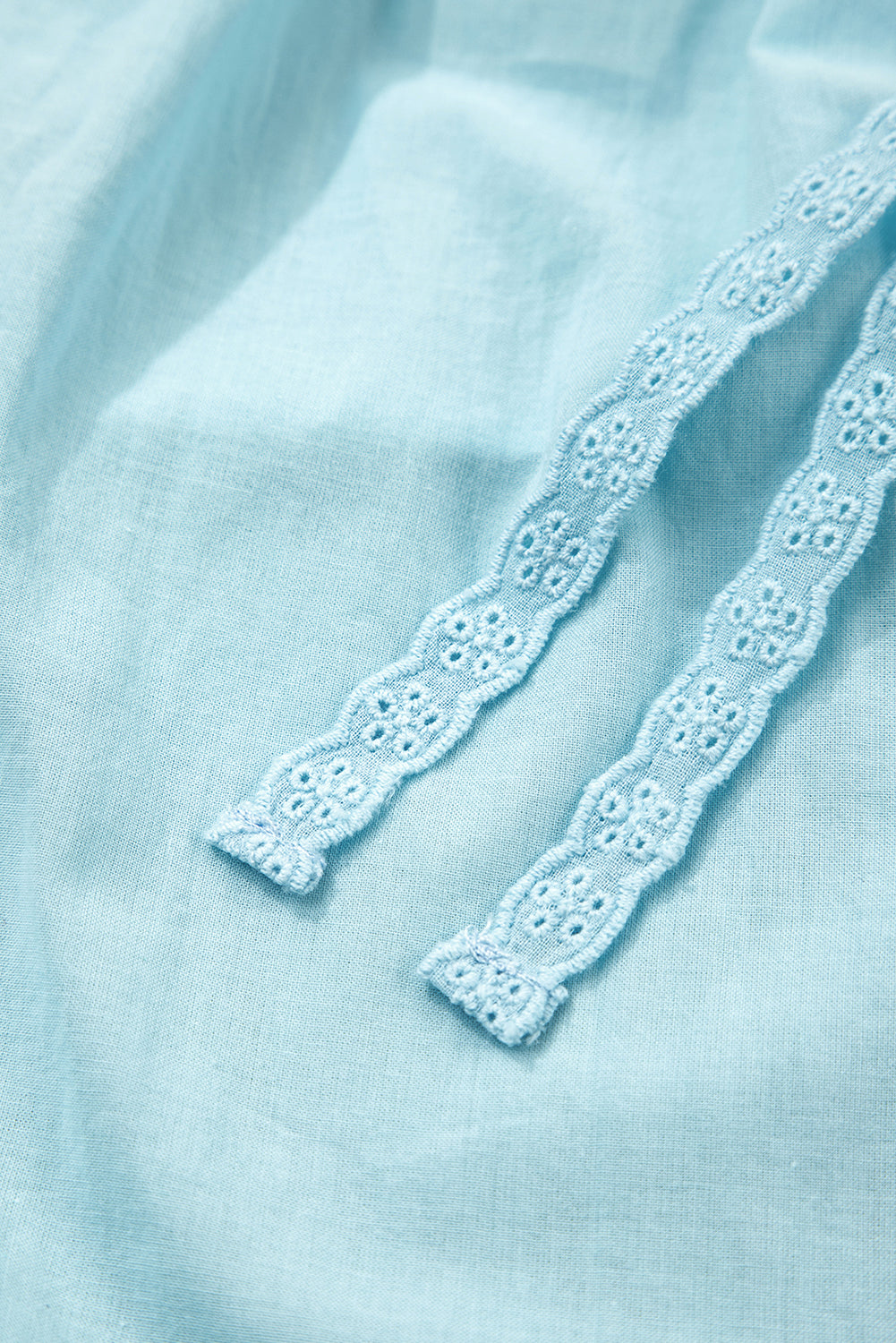 Mist Blue Embroidered Lace Patchwork Tie Neck Puff Short Sleeve Blouse-Tops/Blouses & Shirts-[Adult]-[Female]-2022 Online Blue Zone Planet