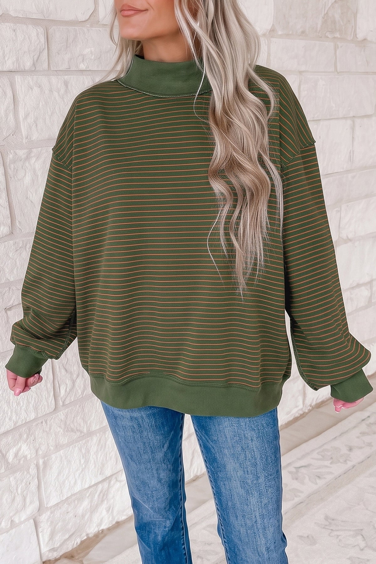 Green Stripe Ribbed Color Block Mock Neck Oversized Sweatshirt-Tops/Sweatshirts & Hoodies-[Adult]-[Female]-Green Stripe-S-2022 Online Blue Zone Planet