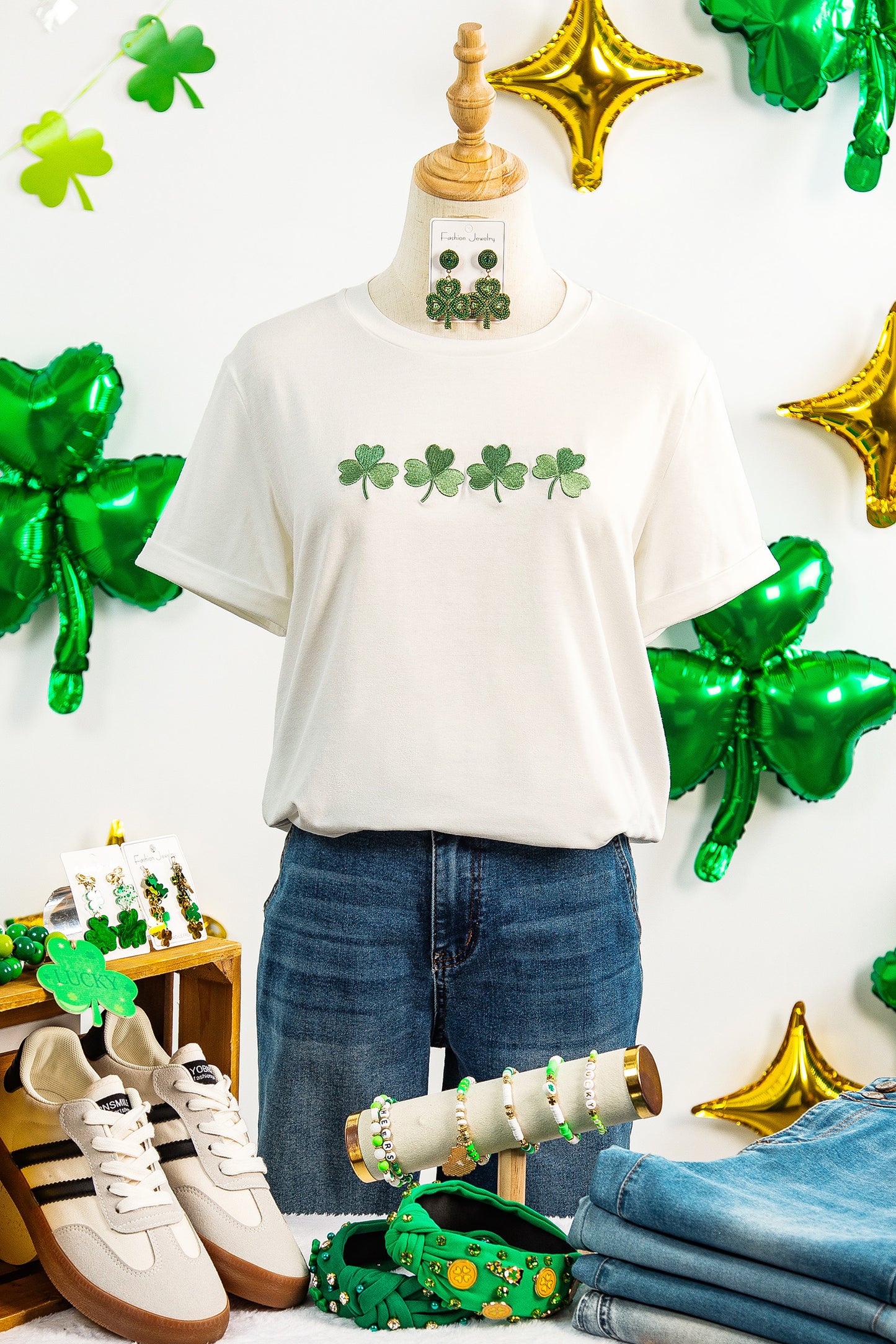 White Embroidered Clover St Patricks Fashion Graphic Tee-Graphic/Graphic Tees-[Adult]-[Female]-2022 Online Blue Zone Planet