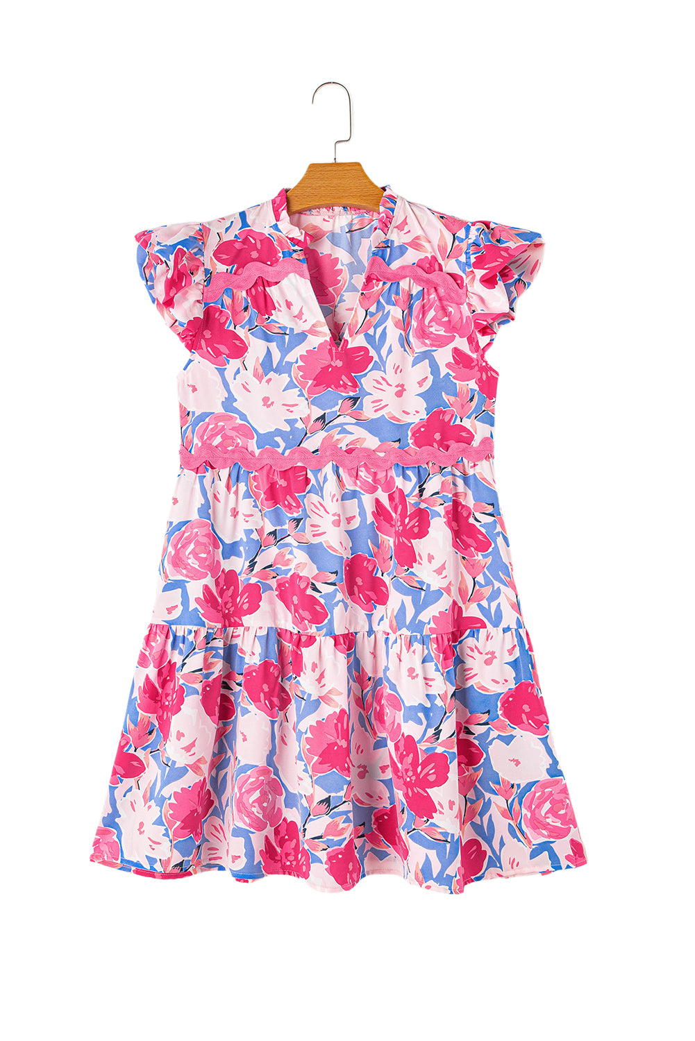 Blue Zone Planet | Sky Blue Floral Printed V Notched Ric Rac Flutter Sleeve Dress-TOPS / DRESSES-[Adult]-[Female]-2022 Online Blue Zone Planet