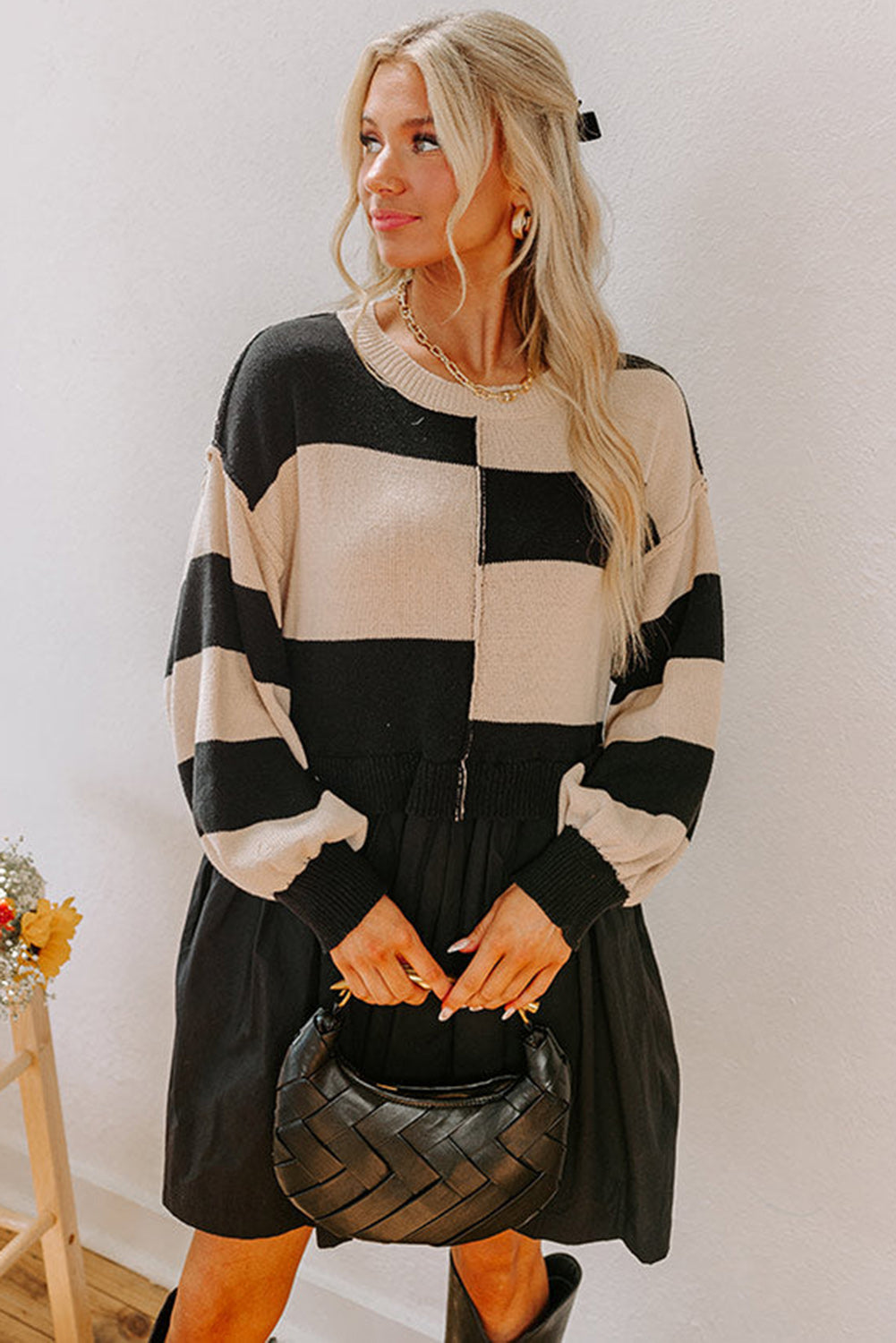 Black Stripe Two in One Knitted Top High Waist Splicing Hem Sweater Dress-TOPS / DRESSES-[Adult]-[Female]-2022 Online Blue Zone Planet