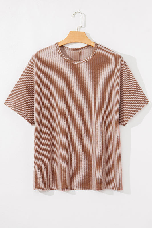 Smoke Gray Ribbed Striped Crew Neck Plus Size Knit T Shirt-Plus Size/Plus Size Tops/Plus Size Tops & Tees-[Adult]-[Female]-2022 Online Blue Zone Planet
