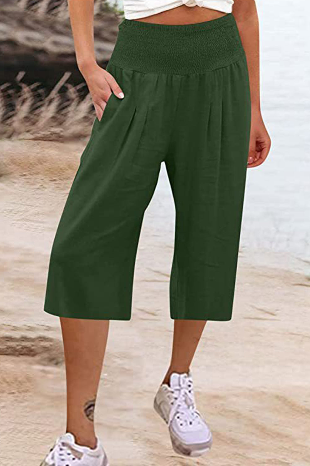 Pocketed High Waist Pants-BOTTOMS SIZES SMALL MEDIUM LARGE-[Adult]-[Female]-Army Green-S-2022 Online Blue Zone Planet