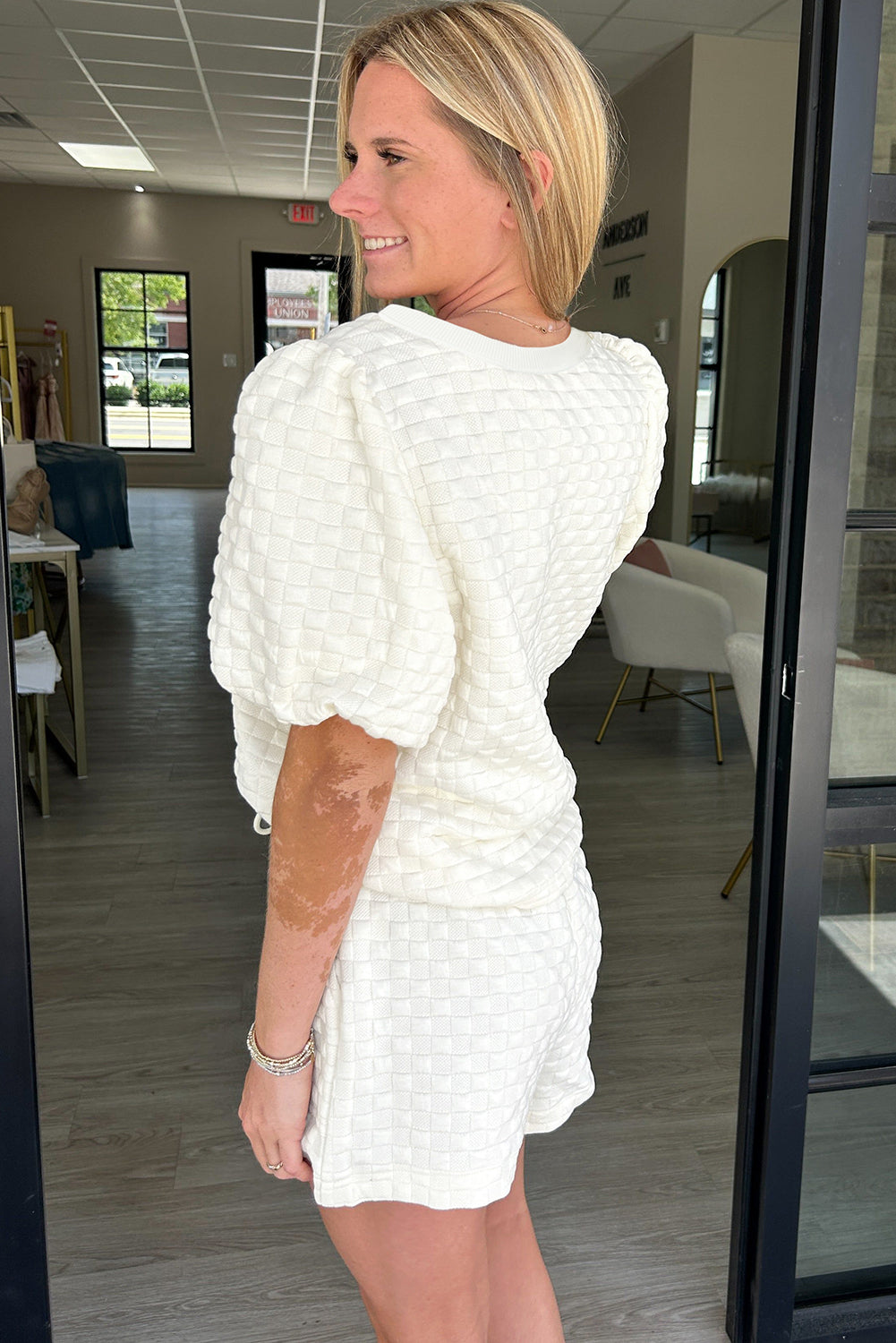 White Solid Color Checkered Texture Short 2pcs Outfit-Two Piece Sets/Short Sets-[Adult]-[Female]-2022 Online Blue Zone Planet