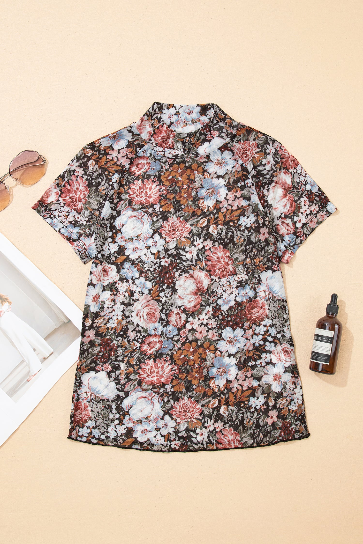 Brown Floral Print High Neck Short Sleeve Mesh Top-Tops/Tops & Tees-[Adult]-[Female]-2022 Online Blue Zone Planet