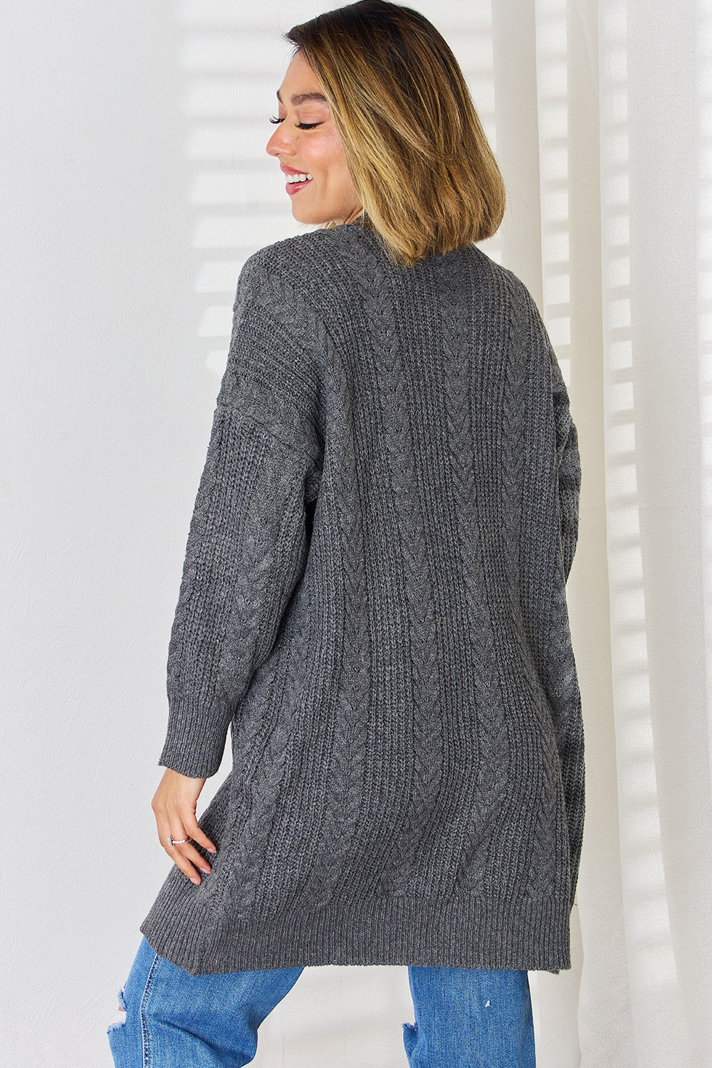 Cable-Knit Open Front Dropped Shoulder Cardigan-TOPS / DRESSES-[Adult]-[Female]-2022 Online Blue Zone Planet